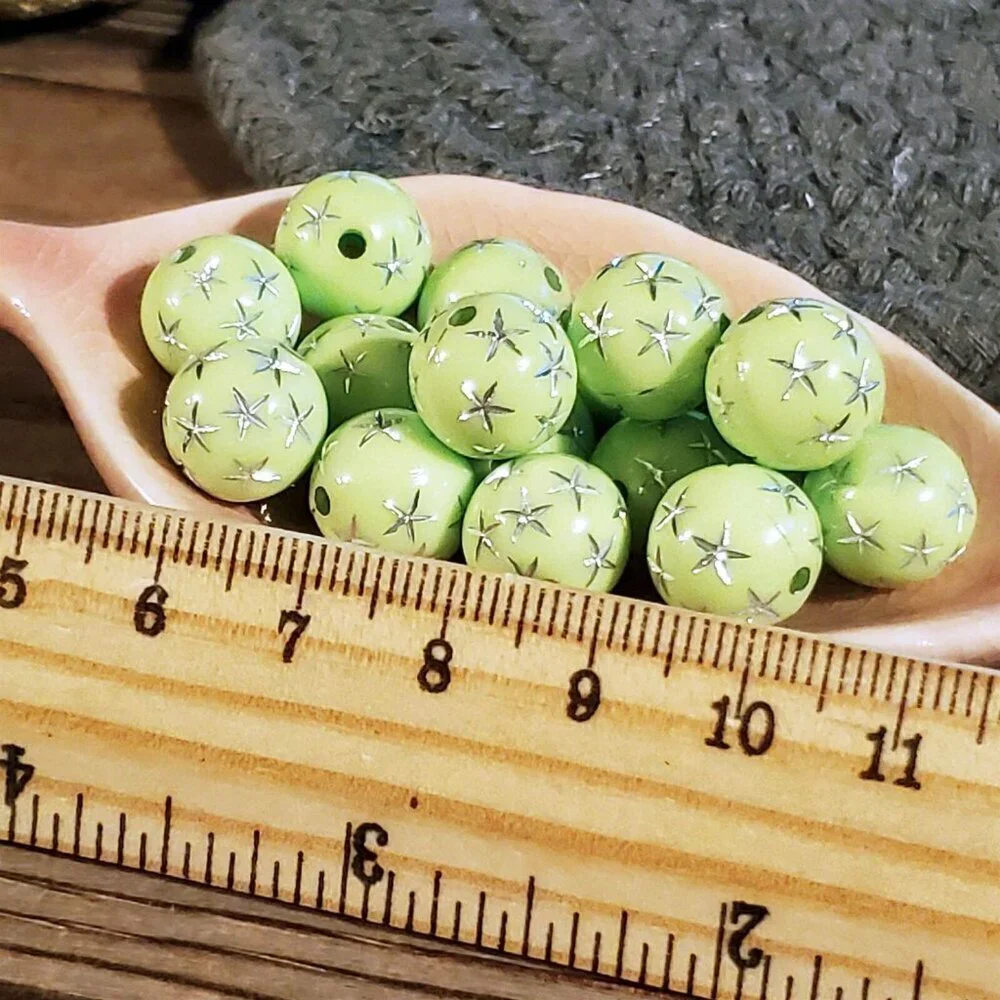 Vintage Retro Lime Green Silver Stars 12mm Round Acrylic Shabby Beads 10 pcs